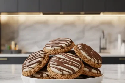Freshly baked Samoas cookies recipe with coconut, caramel, and chocolate on a baking tray
