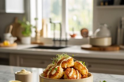 Shrimp cakes recipe served on a plate with dipping sauce and herbs