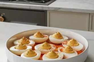 A plate of spicy deviled eggs garnished with paprika and jalapeños