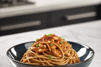 A bowl of spicy peanut butter noodles topped with sesame seeds, chopped scallions, and red pepper flakes