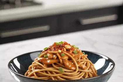 A bowl of spicy peanut butter noodles topped with sesame seeds, chopped scallions, and red pepper flakes