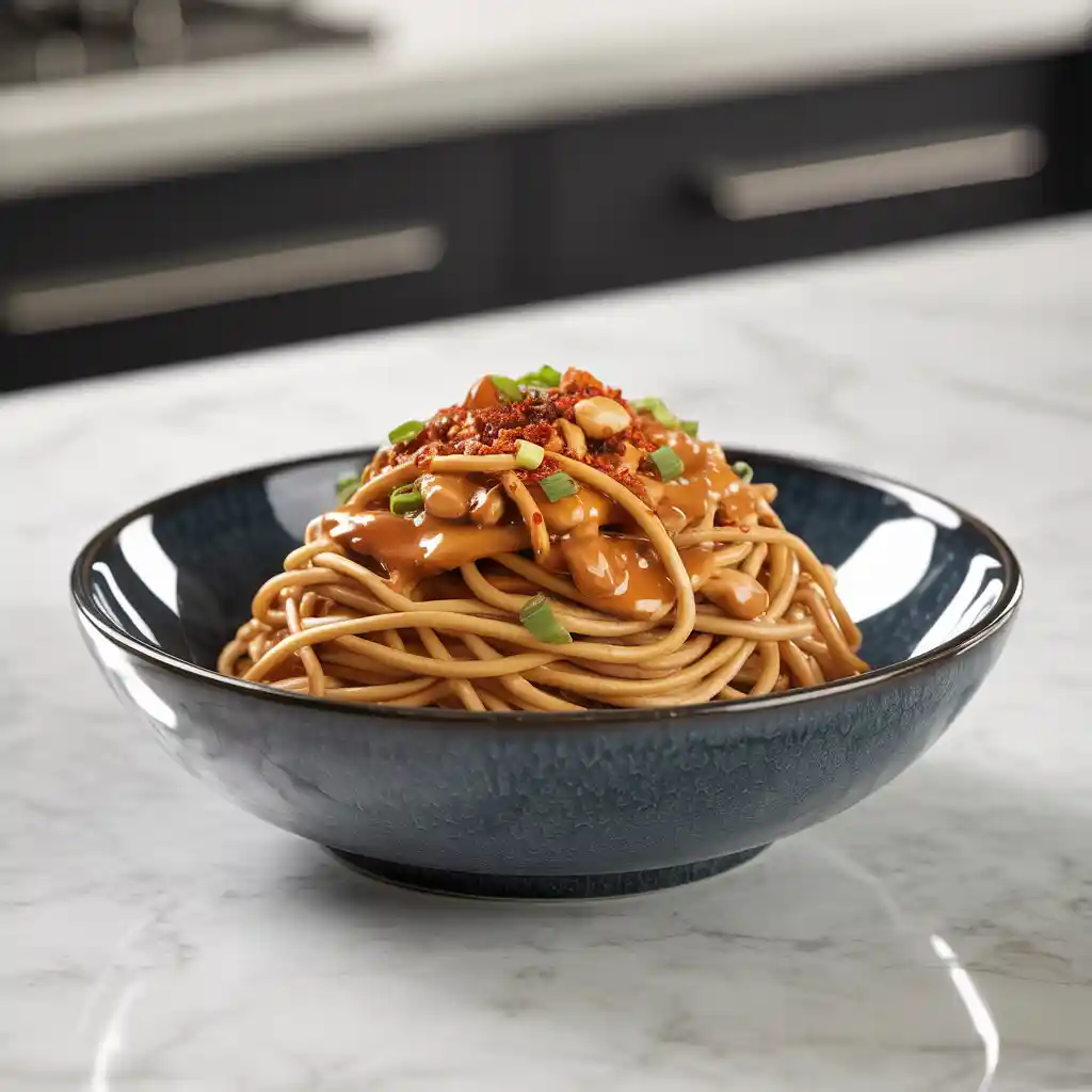 A bowl of spicy peanut butter noodles topped with sesame seeds, chopped scallions, and red pepper flakes