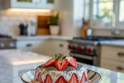 A jar of strawberries and cream overnight oats topped with fresh sliced strawberries on a wooden table
