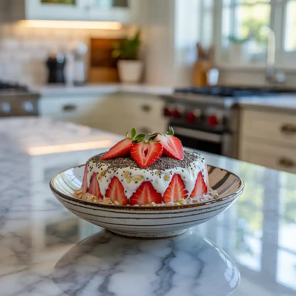 A jar of strawberries and cream overnight oats topped with fresh sliced strawberries on a wooden table