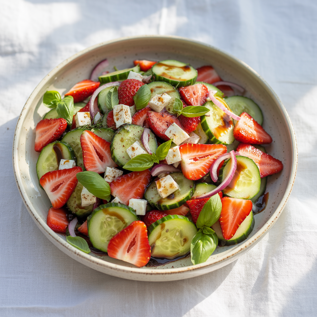 A bowl of vibrant strawberry cucumber salad with fresh herbs and dressing