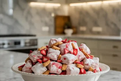 Bowl filled with strawberry shortcake puppy chow snack made from cereal coated in white chocolate and strawberry flavoring