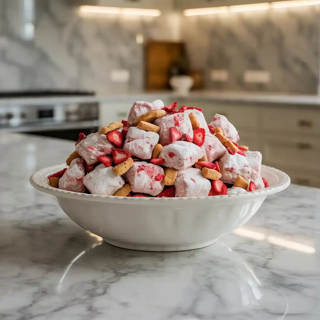 Bowl filled with strawberry shortcake puppy chow snack made from cereal coated in white chocolate and strawberry flavoring