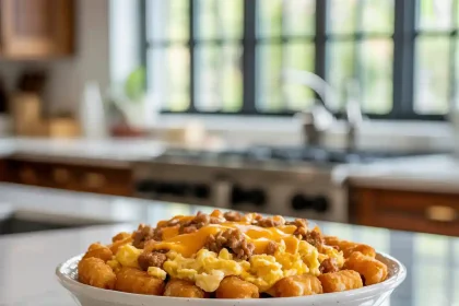 Golden baked tater tot breakfast casserole sausage in a dish ready to be served