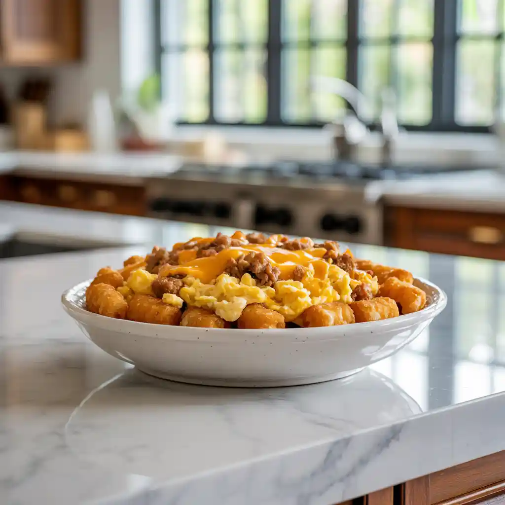 Golden baked tater tot breakfast casserole sausage in a dish ready to be served