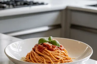 Freshly cooked tomato butter pasta served in a white bowl with basil garnish