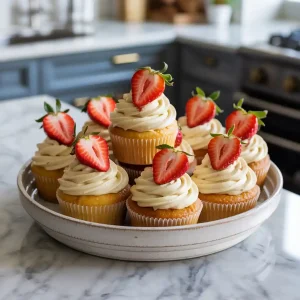 white chocolate strawberry cupcakes topped with fresh strawberries and white chocolate drizzle