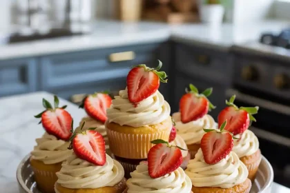 white chocolate strawberry cupcakes topped with fresh strawberries and white chocolate drizzle
